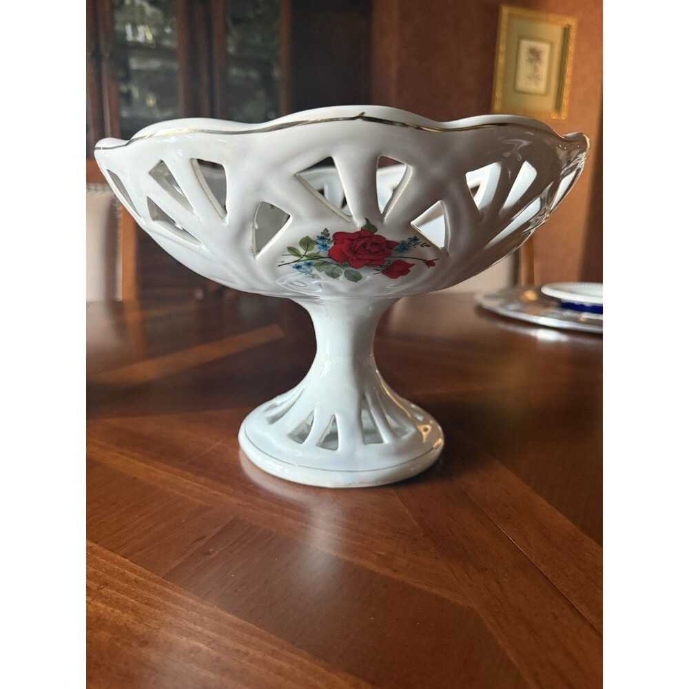 Vintage reticulated compote pedestal dish red roses